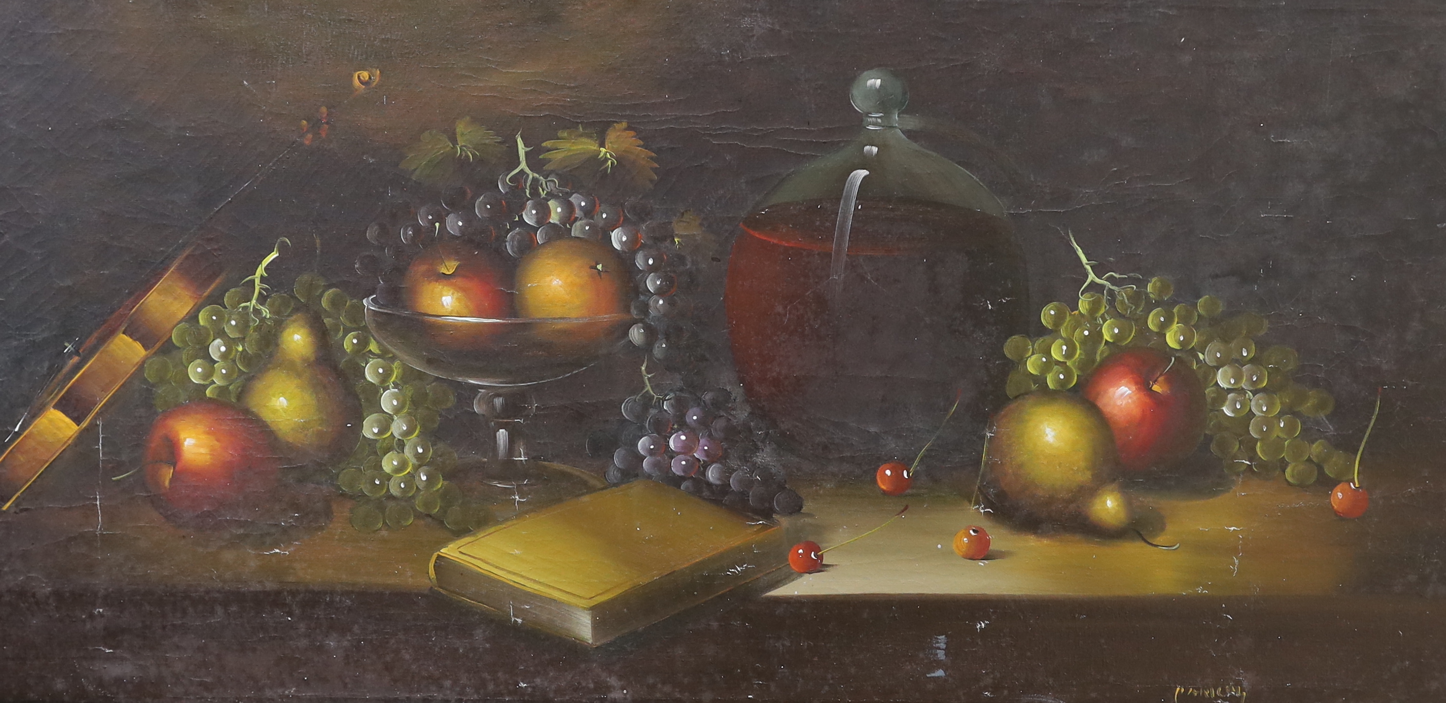 17th century Dutch style, oil on canvas, Still life of fruit and vessels, indistinctly signed, 60 x 121cm, unframed